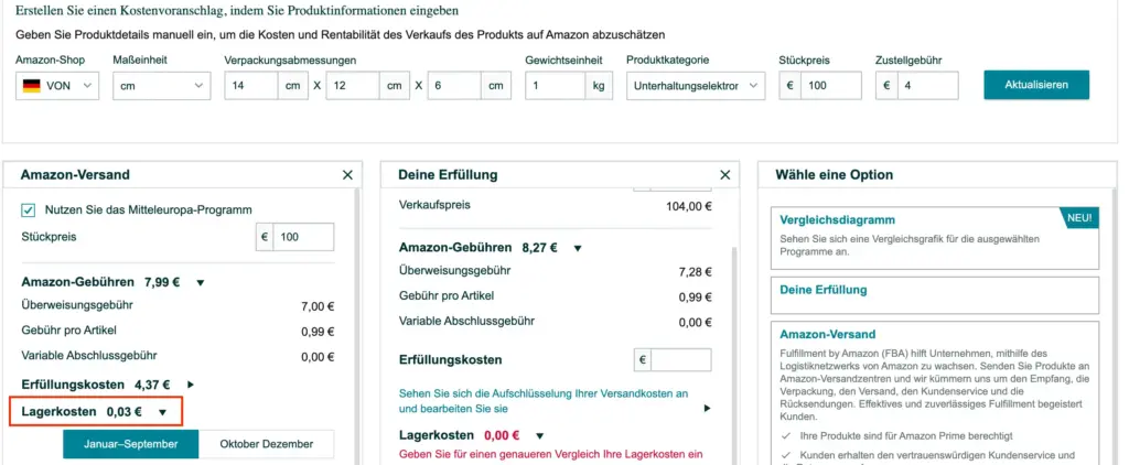 Ergebnis des amazon FBA rechner