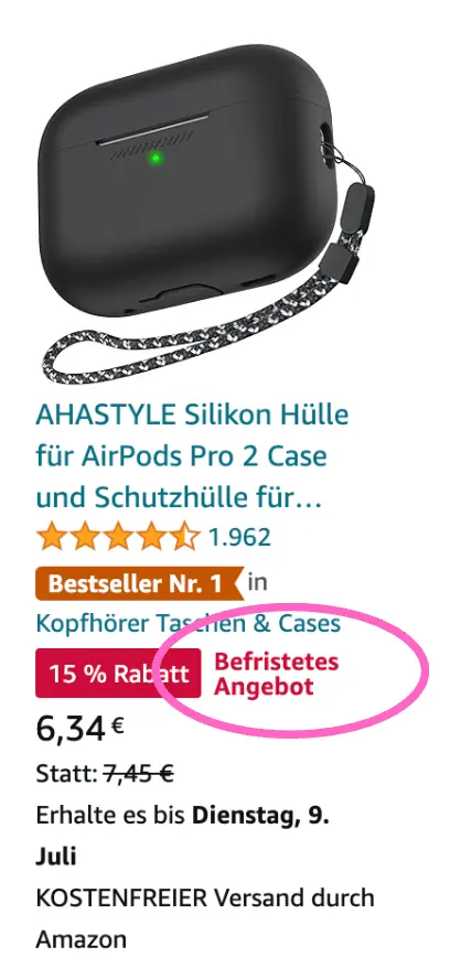 Befristetes Angebot Badge auf einer Amazon Produktliste