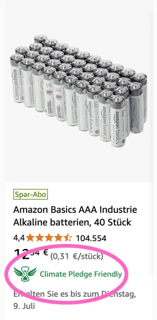 Climate Pledge Friendly Badge auf einem Amazon Produktangebot