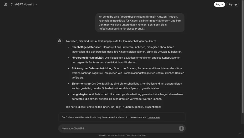 Beispiel für die Verwendung von Chat GPT beim Verfassen von Produktbeschreibungen